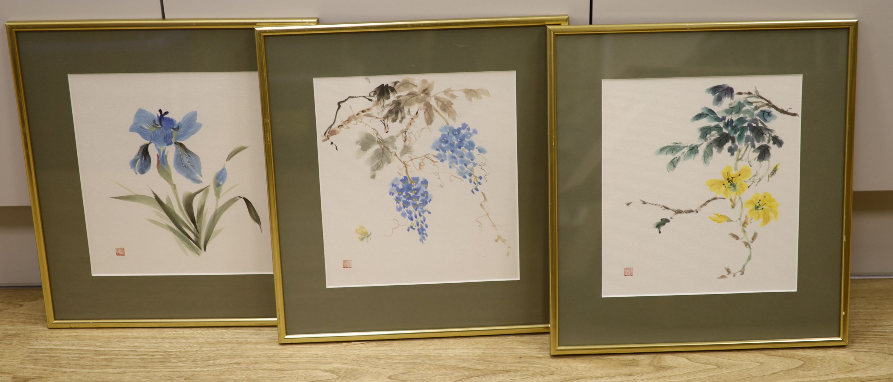 Three Chinese colour prints of flowers, 26 x 23cm